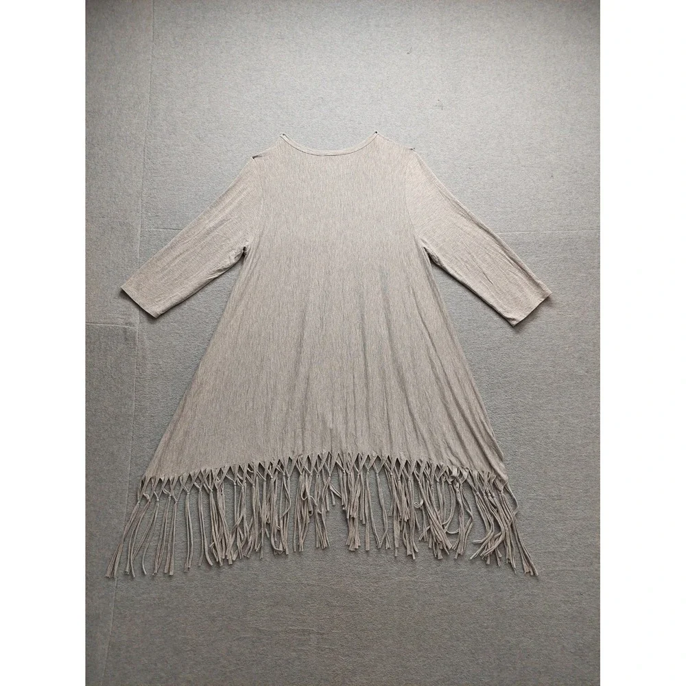 Oddy Women Sweater 3XL Gray Fringe Hem 3/4 Sleeve‎ Lightweight Knit Boho Western